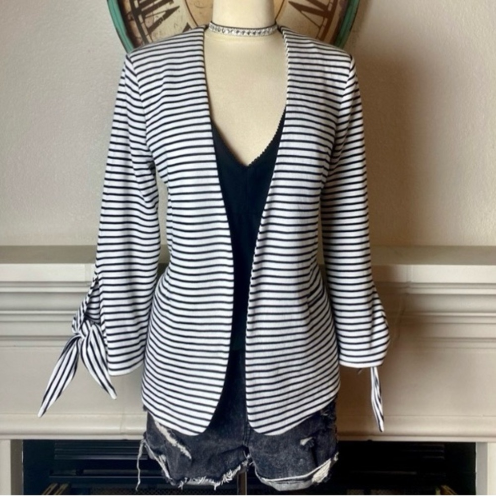 Olivia Moon for Stitch Fix Black and White Striped Blazer with tie cuffs